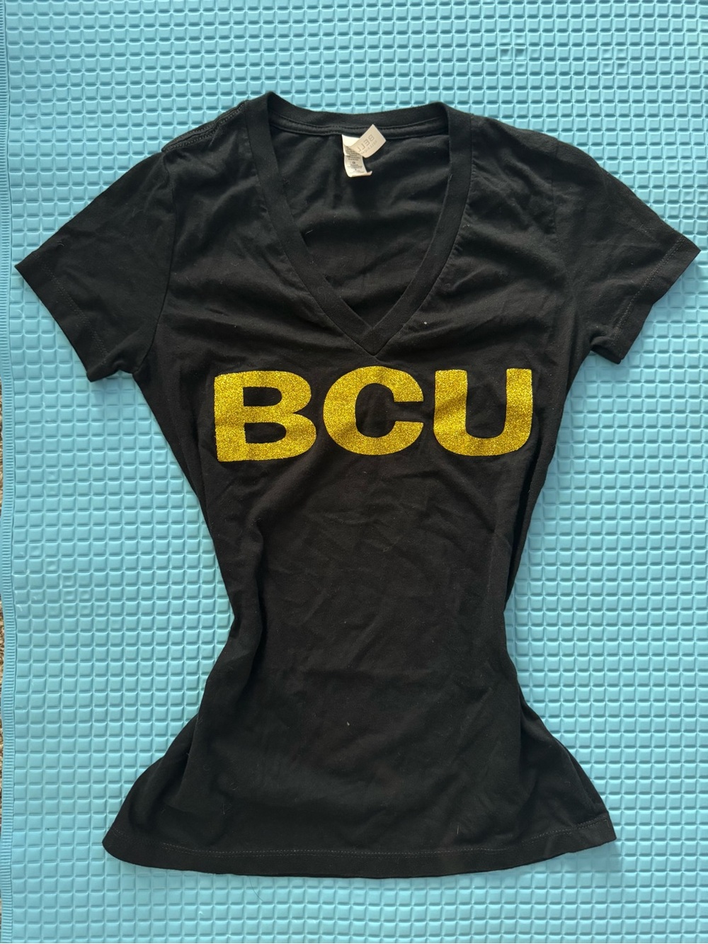 Y2k BCU Black V-Neck Women's Tee with Gold Lettering S